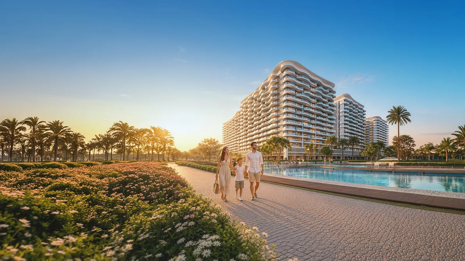 Family walking beside a pool and landscaped gardens at a modern residential development